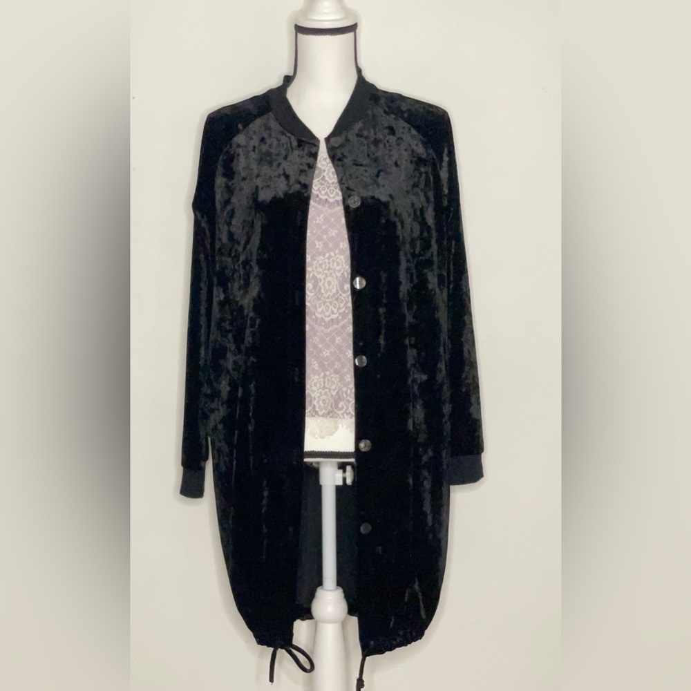 Coin 1804 Women Black Velvet Long Cardigan M Bottom Hem Draw String